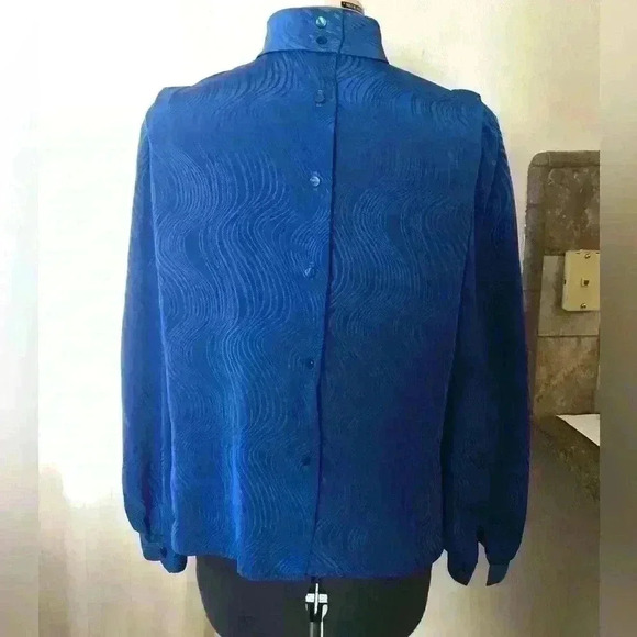 VTG 80s Blue Polyester Front Pleated Long Sleeve High Collar Blouse Women Large - Picture 8 of 9